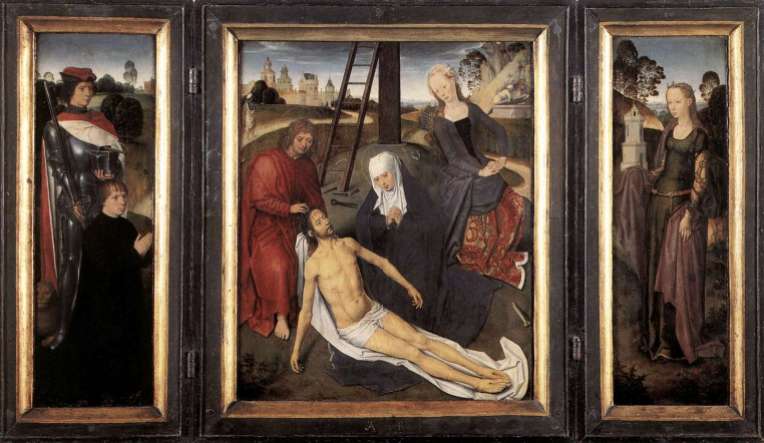 Memling, Hans; Adriaan Reins Triptych; image from Web Gallery of Art (woman in green on right side (more elements of similarity - side or back laced kirtle)